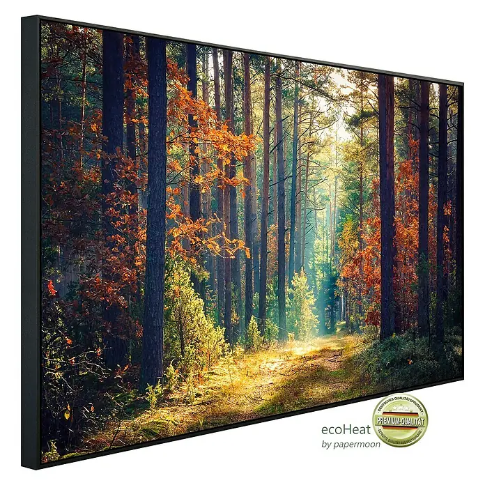 Papermoon Infrarot-Bildheizkörper Herbstwald Sonnenstrahlen - 60 x 60 cm, 350 W - Diagonale Ansicht
