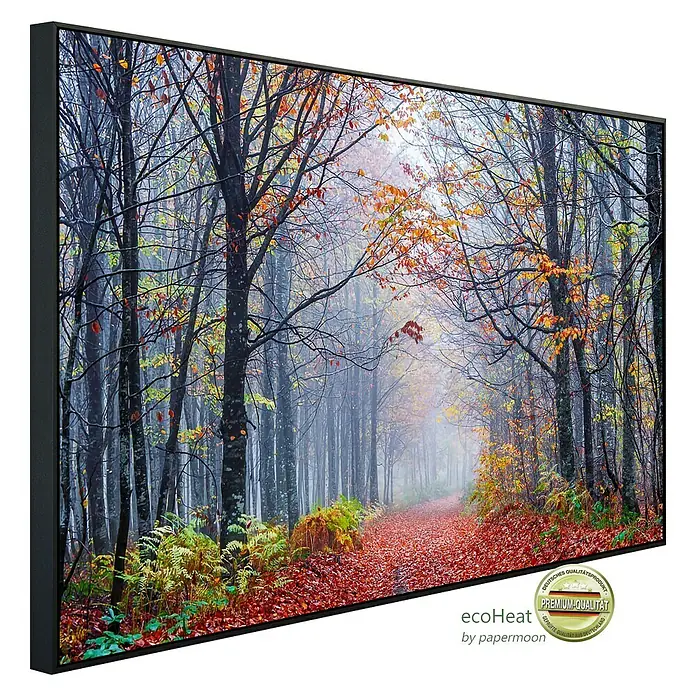 Papermoon Infrarot-Bildheizkörper Neblige Herbstwaldstraße - 80 x 60 cm, 450 W - Diagonale Ansicht