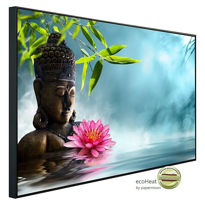 Papermoon Infrarot-Bildheizkörper Buddha in Meditation - 120 x 60 cm, 1.200 W - Diagonale Ansicht