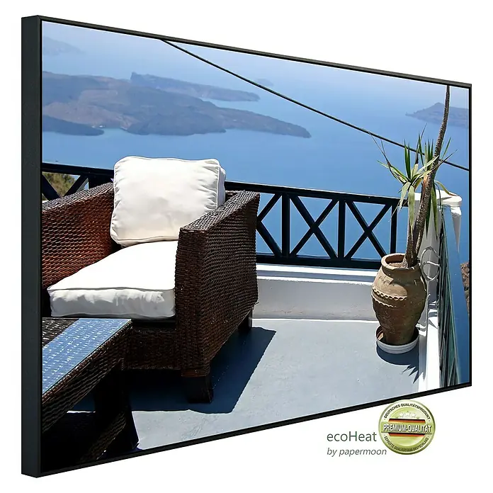 Papermoon Infrarot-Bildheizkörper Santorini Inselblick - 120 x 60 cm, 750 W - Diagonale Ansicht