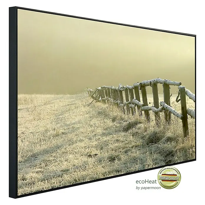 Papermoon Infrarot-Bildheizkörper Zaun im nebligen Feld - 120 x 60 cm, 900 W - Diagonale Ansicht