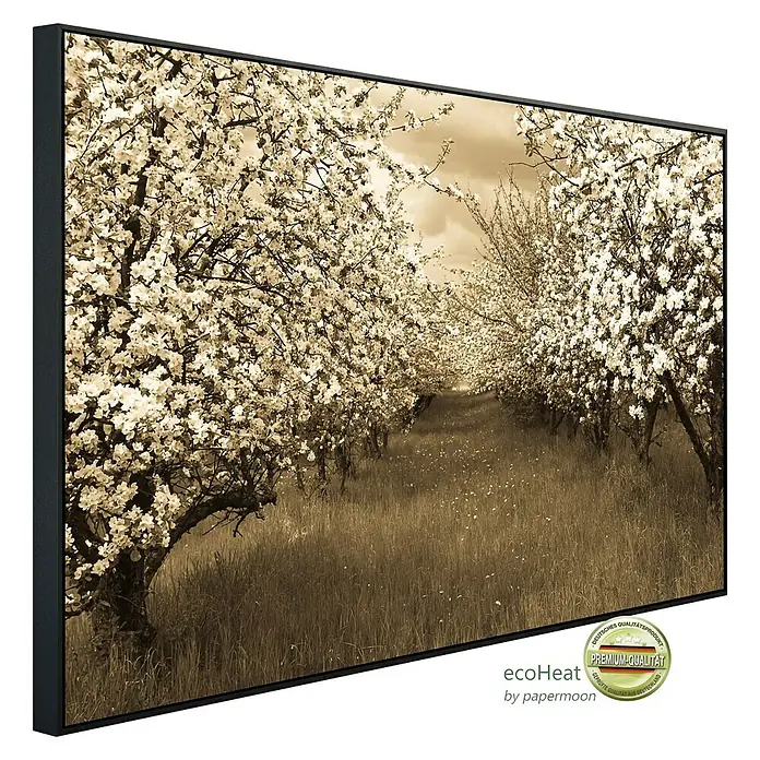 Papermoon Infrarot-Bildheizkörper Sepia Frühlingsobstgarten - 120 x 60 cm, 1.200 W - Diagonale Ansicht
