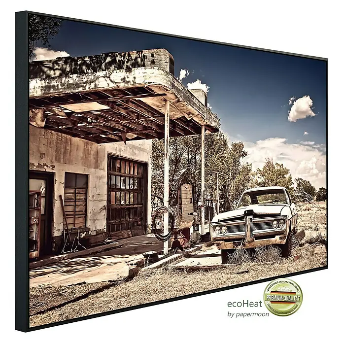 Papermoon Infrarot-Bildheizkörper Verlassene Tankstelle - 120 x 60 cm, 900 W - Diagonale Ansicht