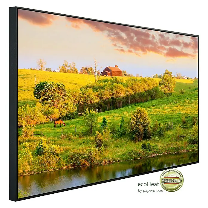 Papermoon Infrarot-Bildheizkörper Bauernhof Landschaft 2 - 100 x 60 cm, 600 W - Diagonale Ansicht