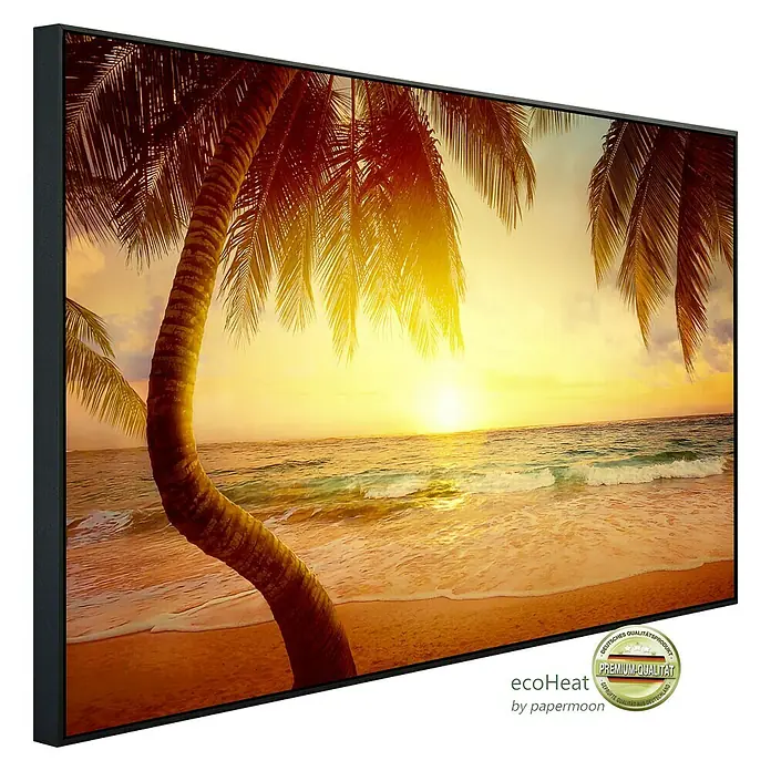 Papermoon Infrarot-Bildheizkörper Tropischer Strand Sonnenaufgang - 120 x 60 cm, 1.200 W - Diagonale Ansicht