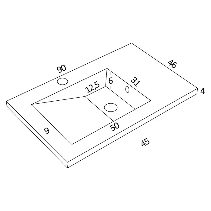 Lavabo Grecia - 90 x 46 cm, Con desbordamiento, Blanco - Dibujo técnico