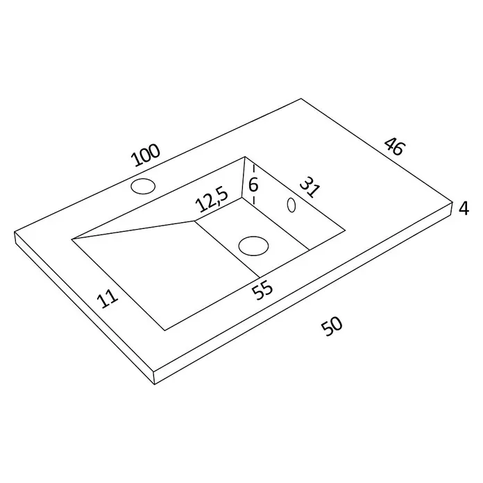 Lavabo Grecia - 100 x 46 cm, Con desbordamiento, Blanco - Dibujo técnico