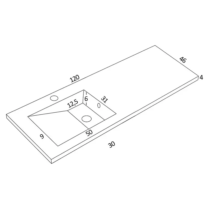 Lavabo Grecia - 120 x 46 cm, Con desbordamiento, Blanco - Dibujo técnico