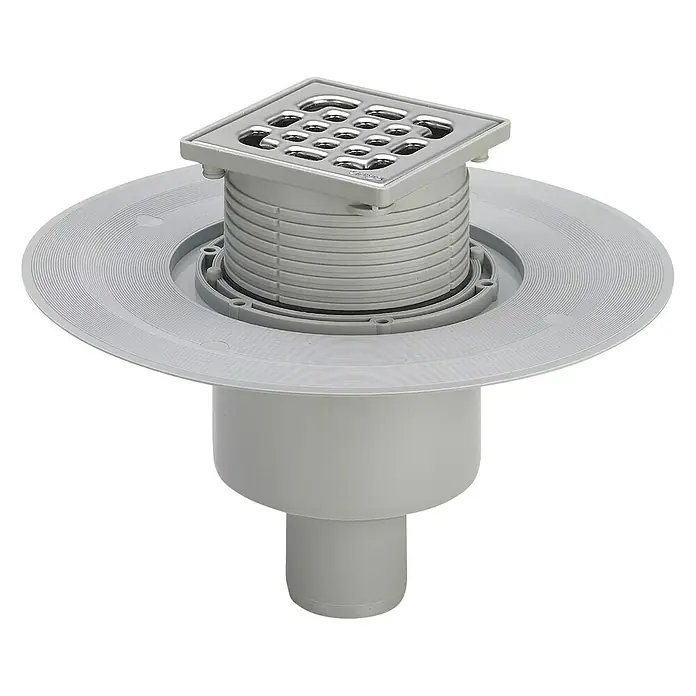 Viega Advantix Badablauf - 100 x 100 mm, Abgang: Senkrecht, Durchmesser Rohranschluss: 50 mm - Diagonale Ansicht