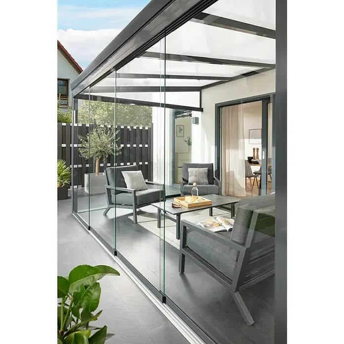 Terrassenüberdachung Gartenzimmer Easy - L x T: 400 cm x 300 cm, Polycarbonat, Anthrazitgrau, Opal - Stimmungsaufnahme