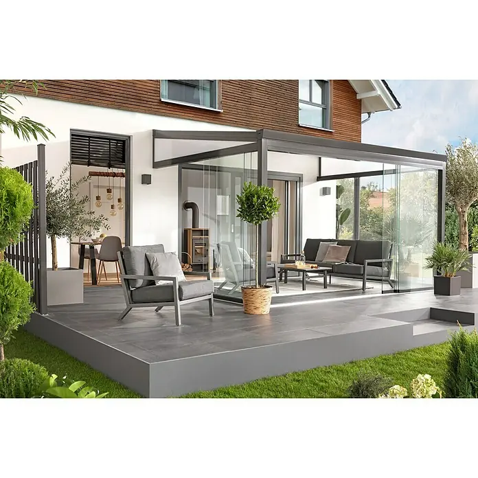 Terrassenüberdachung Gartenzimmer Easy - L x T: 400 cm x 300 cm, Polycarbonat, Anthrazitgrau, Opal - Stimmungsaufnahme