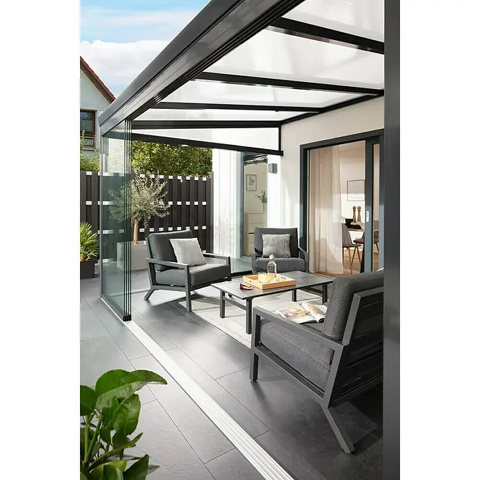 Nadstrešnica za terasu EASYGSW - D x D: 400 cm x 300 cm, Polikarbonat, Antracit siva, Opal - Živopisni prikaz