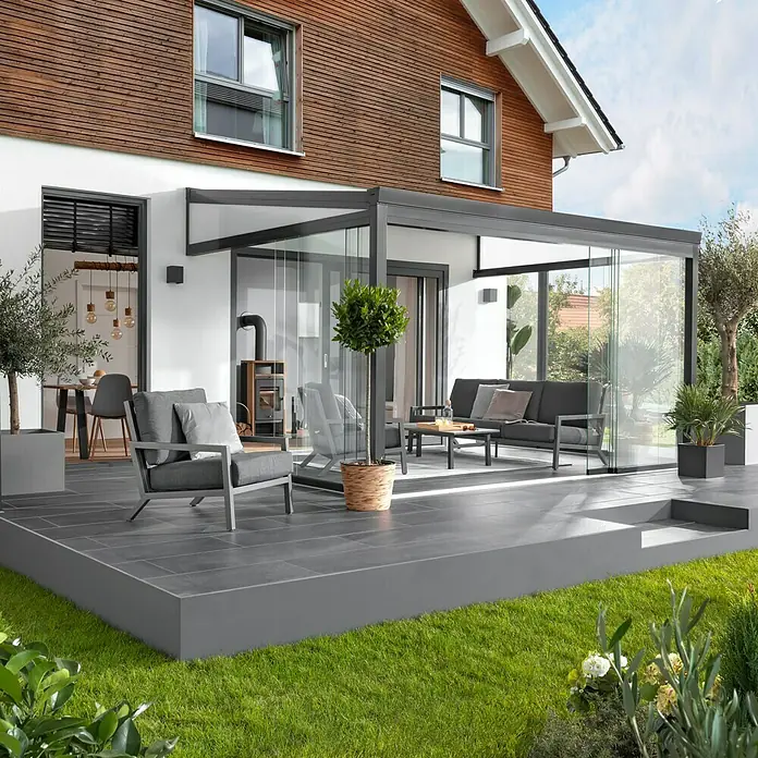Nadstrešnica za terasu EASYGSW - D x D: 400 cm x 300 cm, Polikarbonat, Antracit siva, Opal - Živopisni prikaz