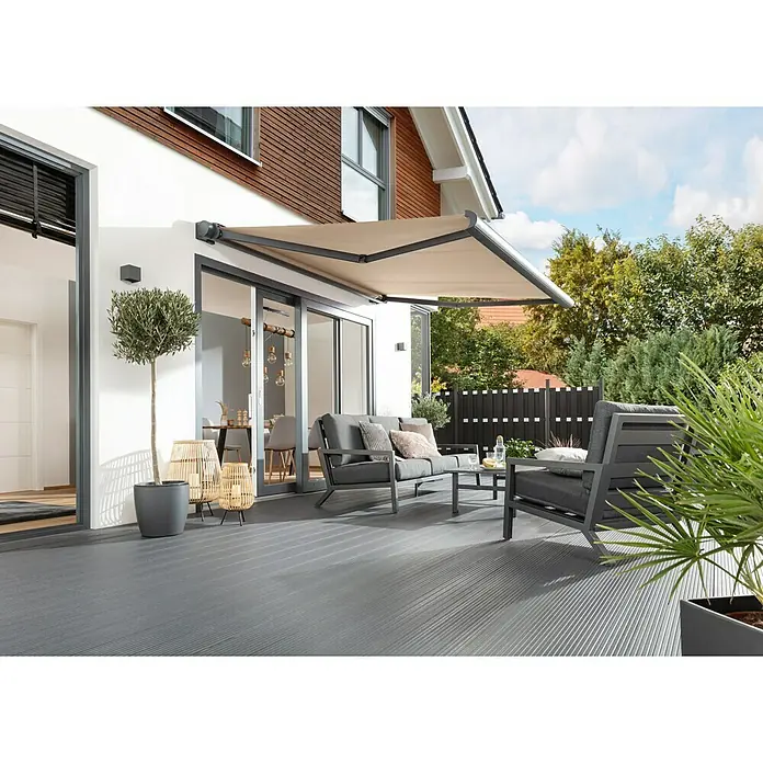 Sunfun Vollkassettenmarkise Elba - Beige, Farbe Gestell: Anthrazitgrau, Breite: 3,5 m, Ausfall: 3 m - Stimmungsaufnahme