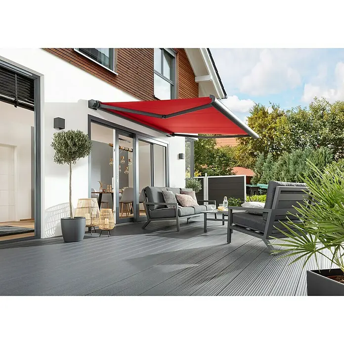 Sunfun Vollkassettenmarkise Elba - Rot, Farbe Gestell: Anthrazitgrau, Breite: 5 m, Ausfall: 3,5 m - Stimmungsaufnahme