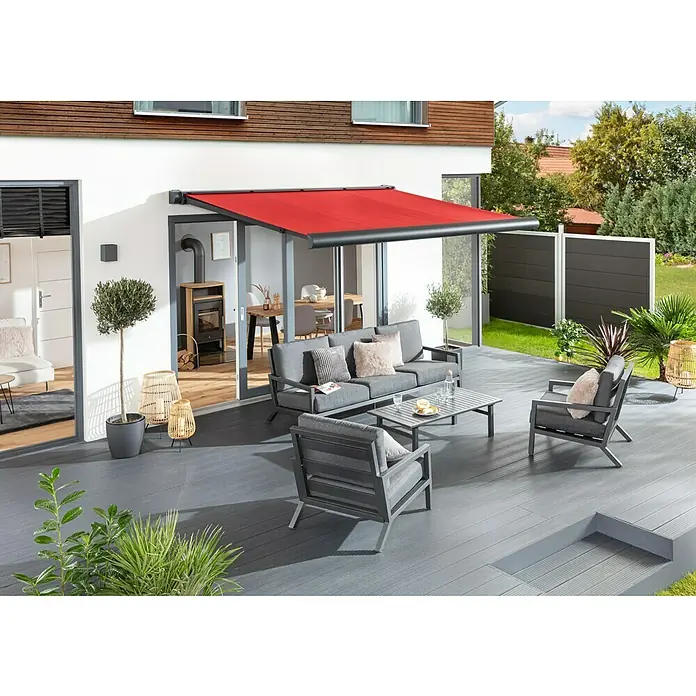 Sunfun Vollkassettenmarkise Elba - Rot, Farbe Gestell: Anthrazitgrau, Breite: 5 m, Ausfall: 3,5 m - Stimmungsaufnahme