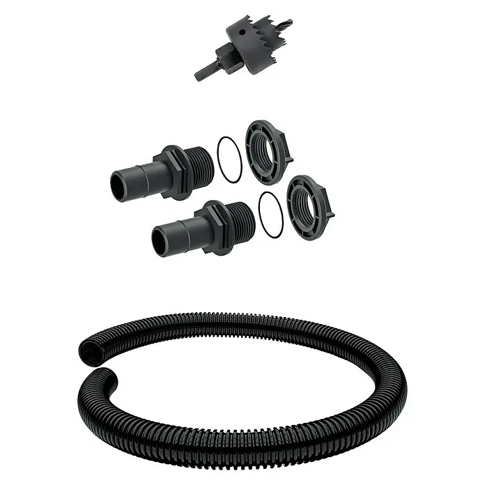 Regentonnen-Verbindungs-Set mit Schlauchstück - 4 -tlg., Passend für: Regentonnen Maze, Tube, Aquacan, Smooth, Peruno, Aqua Tower & Tower Stone - Vorderansicht