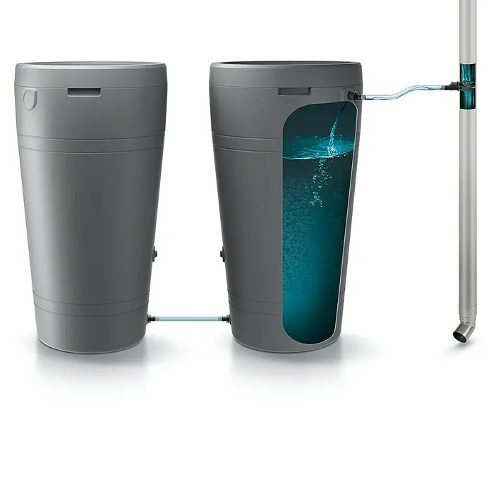 Regentonnen-Verbindungs-Set mit Schlauchstück - 4 -tlg., Passend für: Regentonnen Maze, Tube, Aquacan, Smooth, Peruno, Aqua Tower & Tower Stone - Anwendungsbeispiel