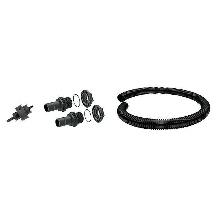 Regentonnen-Verbindungs-Set mit Schlauchstück - 4 -tlg., Passend für: Regentonnen Maze, Tube, Aquacan, Smooth, Peruno, Aqua Tower & Tower Stone - Diagonale Ansicht