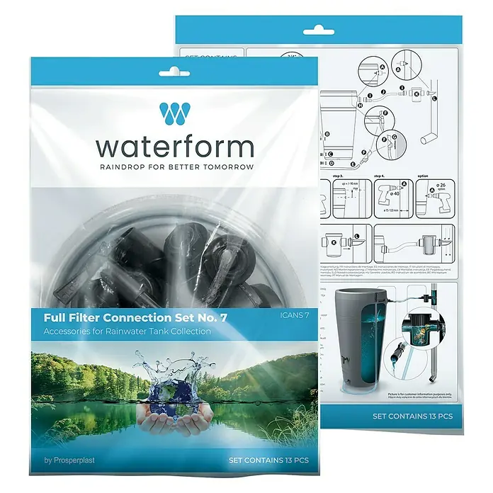 Regenwasserfilter Verbindungsset - 13 -tlg., Passend für: Regentonne Maze, Tube, Aquacan, Smooth, Peruno, Aqua Tower, Tower Stone - Vorderansicht