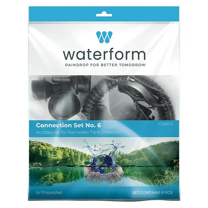 Regentonnen-Verbindungs-Set mit Schlauch - 6 -tlg., Regentonnen Maze, Tube, Aquacan, Smooth, Peruno, Aqua Tower & Tower Stone - Vorderansicht