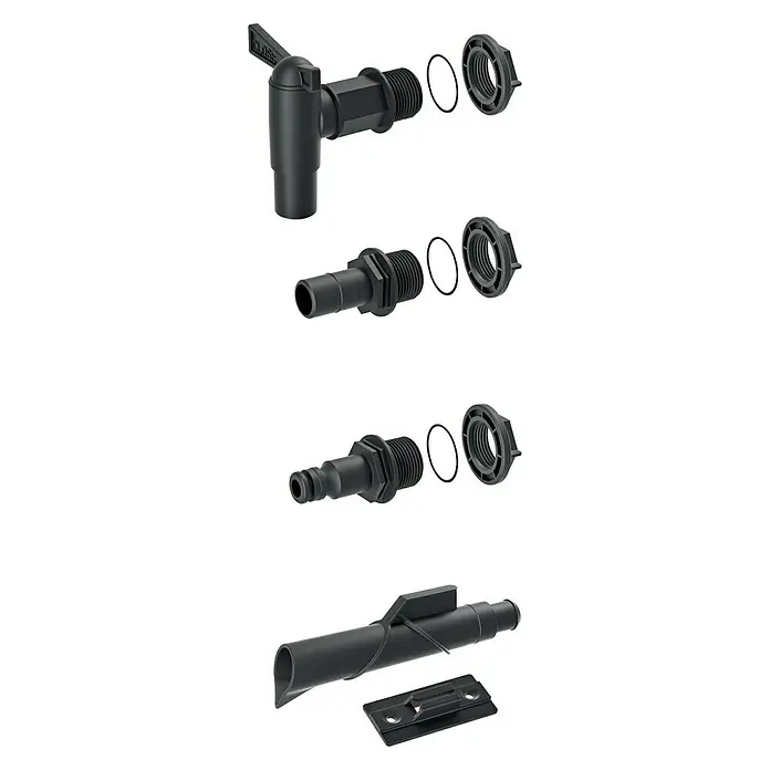 Regentonnen-Verbindungs-Set mit Auslaufhahn - 5 -tlg., Passend für: Regentonnen Maze, Tube, Aquacan, Smooth, Peruno, Aqua Tower & Tower Stone - Diagonale Ansicht