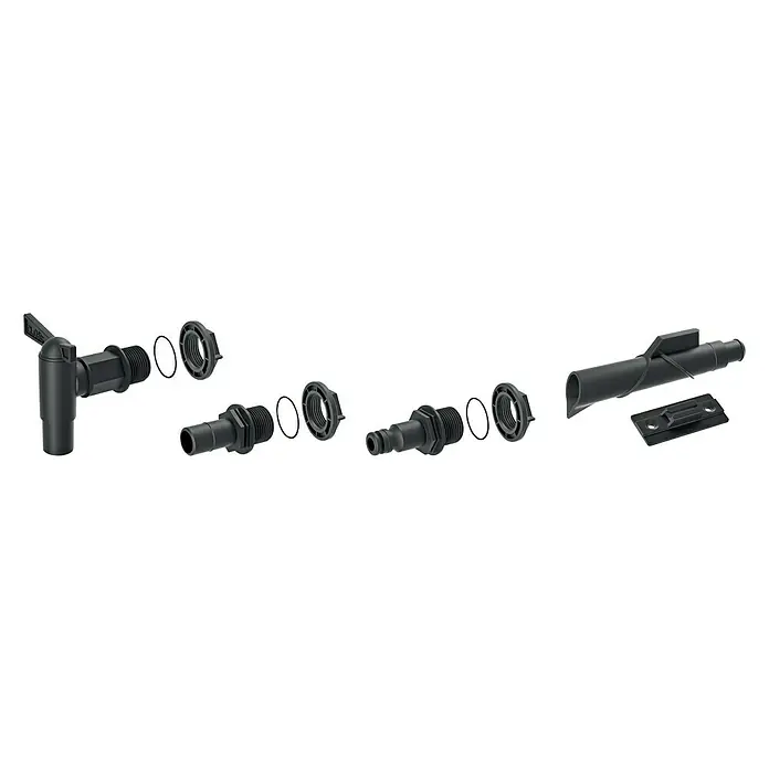 Regentonnen-Verbindungs-Set mit Auslaufhahn - 5 -tlg., Passend für: Regentonnen Maze, Tube, Aquacan, Smooth, Peruno, Aqua Tower & Tower Stone - Diagonale Ansicht