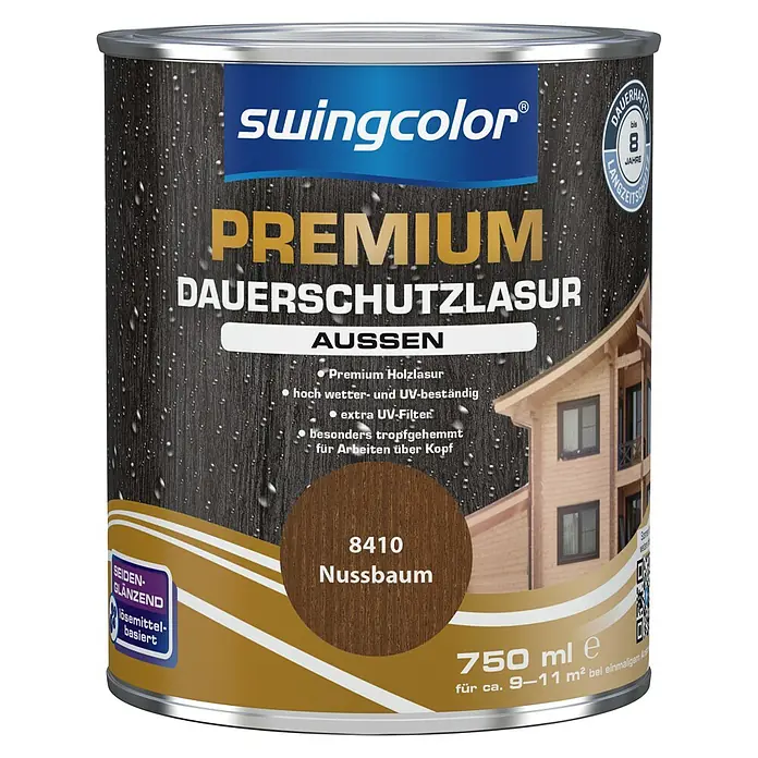 swingcolor Premium Dauerschutzlasur - Nussbaum, 750 ml, Seidenglänzend, Lösemittelbasiert - Vorderansicht
