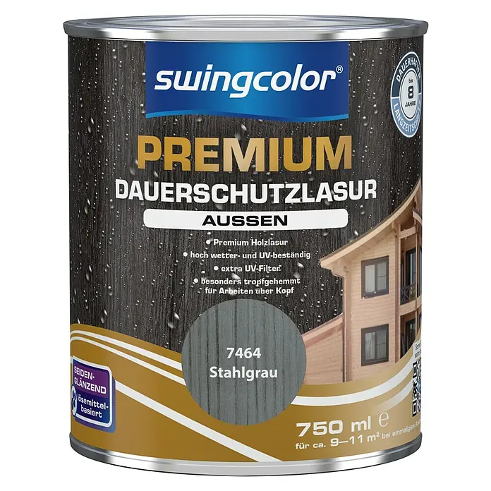 swingcolor Premium Dauerschutzlasur - Stahlgrau, 750 ml, Seidenglänzend, Lösemittelbasiert - Vorderansicht