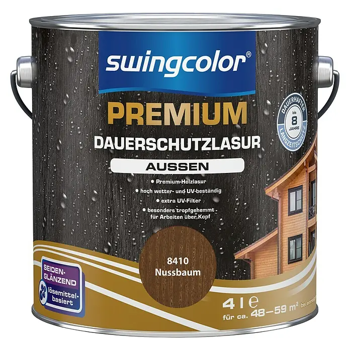swingcolor Premium Dauerschutzlasur - Nussbaum, 4 l, Seidenglänzend, Lösemittelbasiert - Vorderansicht