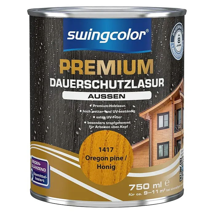 swingcolor Premium Dauerschutzlasur - Oregon Pine/Honig, 750 ml, Seidenglänzend, Lösemittelbasiert - Vorderansicht