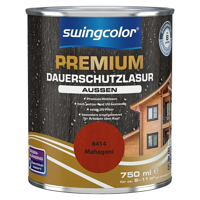 swingcolor Premium Dauerschutzlasur - Mahagoni, 750 ml, Seidenglänzend, Lösemittelbasiert - Vorderansicht