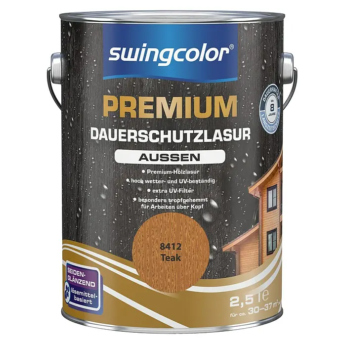 swingcolor Premium Dauerschutzlasur - Teak, 2,5 l, Seidenglänzend, Lösemittelbasiert - Vorderansicht