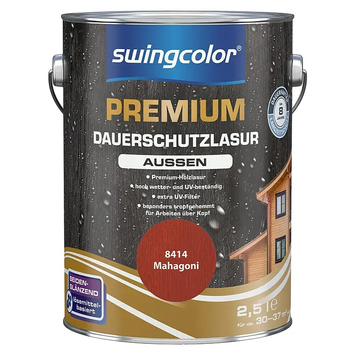 swingcolor Premium Dauerschutzlasur - Mahagoni, 2,5 l, Seidenglänzend, Lösemittelbasiert - Vorderansicht