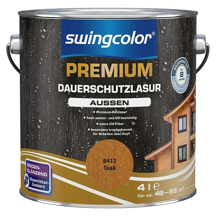 swingcolor Premium Dauerschutzlasur - Teak, 4 l, Seidenglänzend, Lösemittelbasiert - Vorderansicht