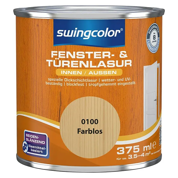 swingcolor Fenster- & Türenlasur - Farblos, 375 ml, Seidenglänzend, Lösemittelbasiert - Vorderansicht