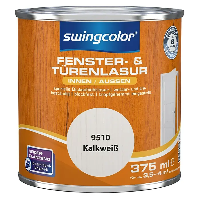 swingcolor Fenster- & Türenlasur - Kalkweiß, 375 ml, Seidenglänzend, Lösemittelbasiert - Vorderansicht