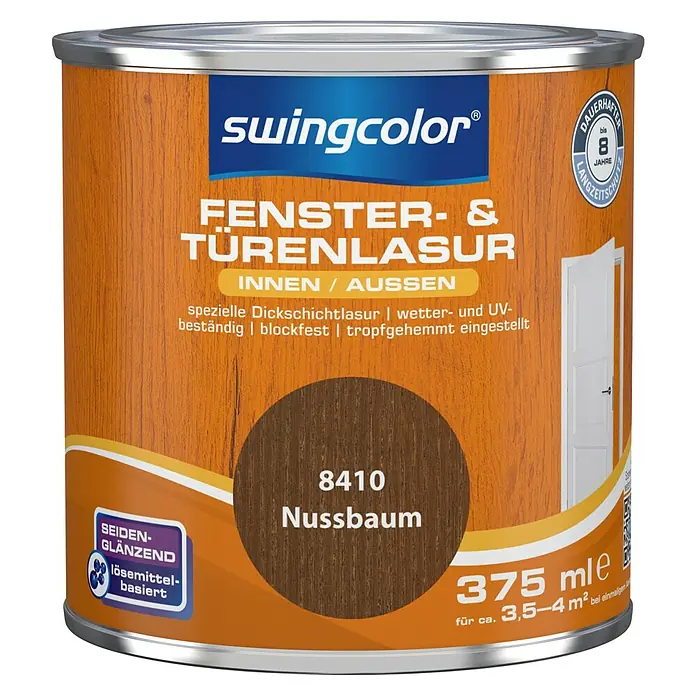swingcolor Fenster- & Türenlasur - Nussbaum, 375 ml, Seidenglänzend, Lösemittelbasiert - Vorderansicht
