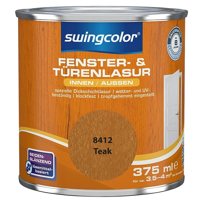 swingcolor Fenster- & Türenlasur - Teak, 375 ml, Seidenglänzend, Lösemittelbasiert - Vorderansicht