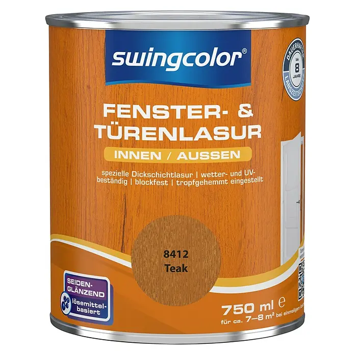 swingcolor Fenster- & Türenlasur - Teak, 750 ml, Seidenglänzend, Lösemittelbasiert - Vorderansicht