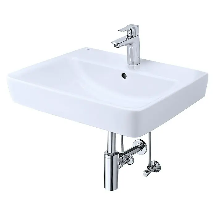 Geberit Renova Plan Waschtisch-Set - 60 x 48 cm, Ohne Spezialglasur, Hahnloch: Mitte, Mit Überlauf, Weiß - Diagonale Ansicht