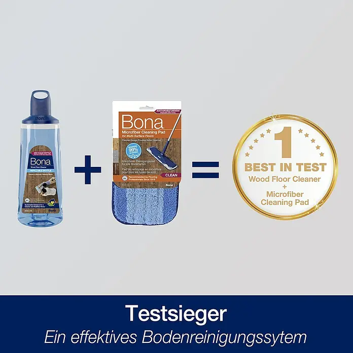 Bona Spray Mop für Holzfußböden - Mikrofaser, 1 x Bona Spray Mop, 1 x Bona Spray Mop Refiller (Kartusche), 1 x Bona Mikrofaser-Reinigungspad - Vorderansicht