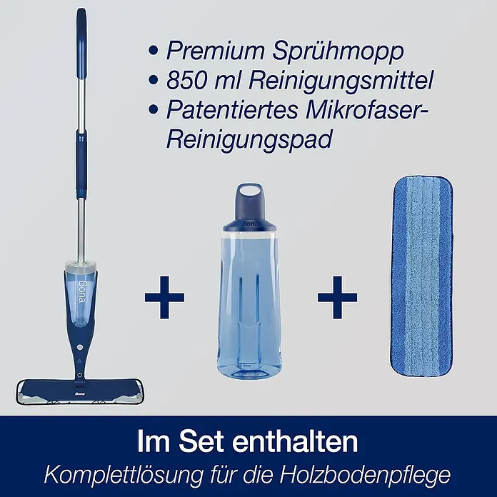 Bona Spray Mop für Holzfußböden - Mikrofaser, 1 x Bona Spray Mop, 1 x Bona Spray Mop Refiller (Kartusche), 1 x Bona Mikrofaser-Reinigungspad - Vorderansicht