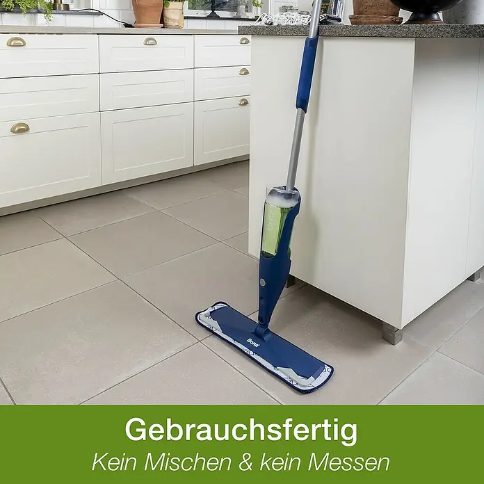 Bona Spray Mop für Fliesen- und Laminatböden - Mikrofaser, 1 x Bona Spray Mop, 1 x Bona Spray Mop Refiller (Kartusche), 1 x Bona Mikrofaser-Reinigungspad - Anwendungsbeispiel