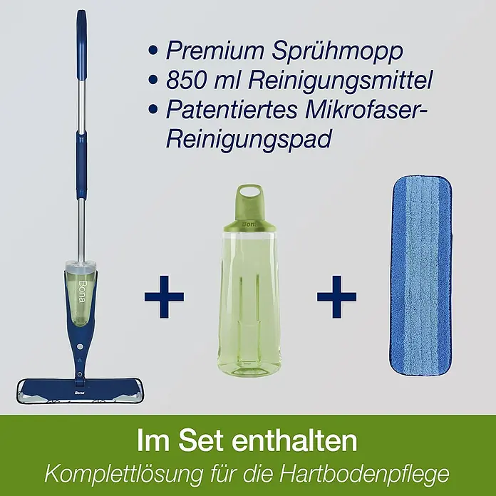 Bona Spray Mop für Fliesen- und Laminatböden - Mikrofaser, 1 x Bona Spray Mop, 1 x Bona Spray Mop Refiller (Kartusche), 1 x Bona Mikrofaser-Reinigungspad - Vorderansicht