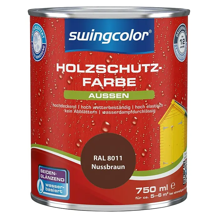 swingcolor Holzschutzfarbe - Nussbraun, 750 ml, Seidenglänzend, Wasserbasiert - Vorderansicht
