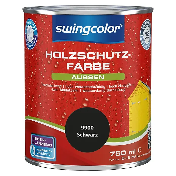 swingcolor Holzschutzfarbe - Schwarz, 750 ml, Seidenglänzend, Wasserbasiert - Vorderansicht