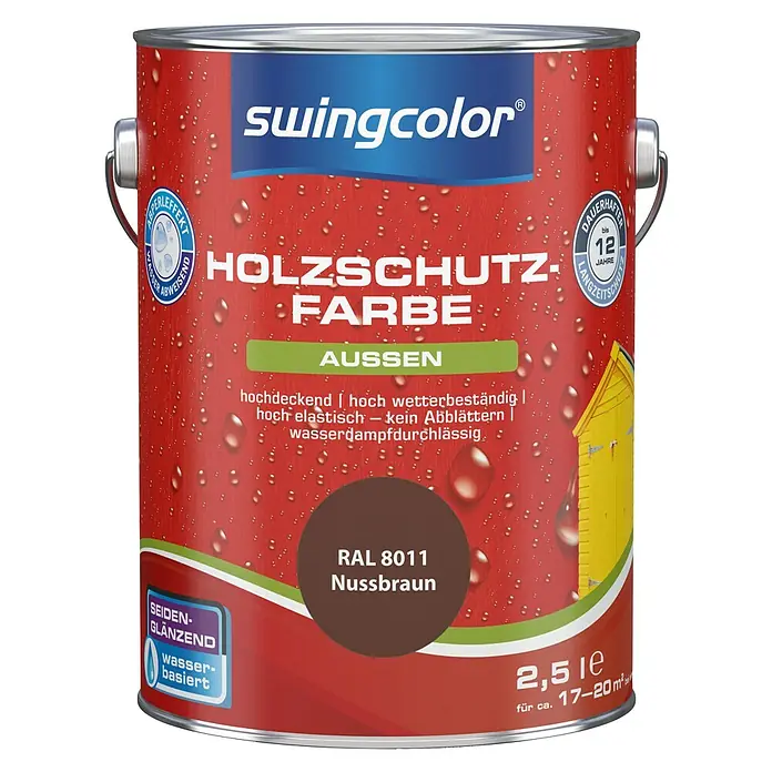 swingcolor Holzschutzfarbe - Nussbraun, 2,5 l, Seidenglänzend, Wasserbasiert - Vorderansicht