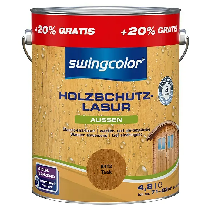 swingcolor Holzschutzlasur - Teak, 4,8 l, Seidenglänzend, Lösemittelbasiert, Alkydharz - Vorderansicht
