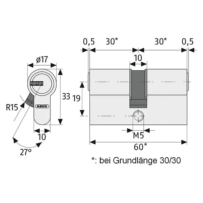 Abus Profilzylinder D6X - Baulänge innen: 30 mm, Baulänge außen: 30 mm, Anzahl Schlüssel: 5 Stk. - Skizze